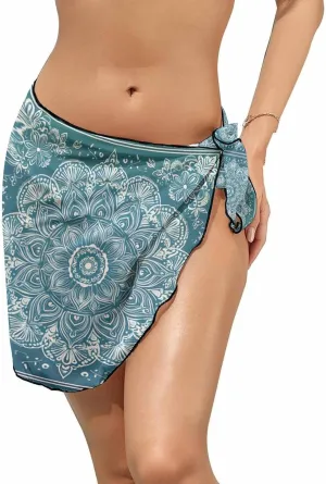Teal Boho Floral Women's Swimsuit Coverup, Short Sarong Beach Wrap Skirt, Farmhouse Ethnic Tribal Abstract Art