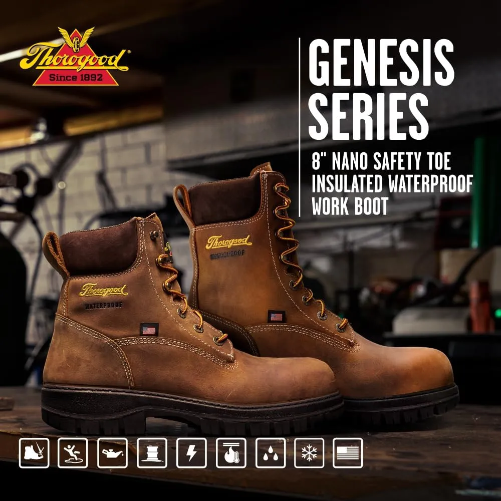 Thorogood 8” Waterproof Work Boots for Men - Insulated & Safety Toe - Genesis Series - Full-Grain Leather with Comfort Insoles & Traction Outsoles