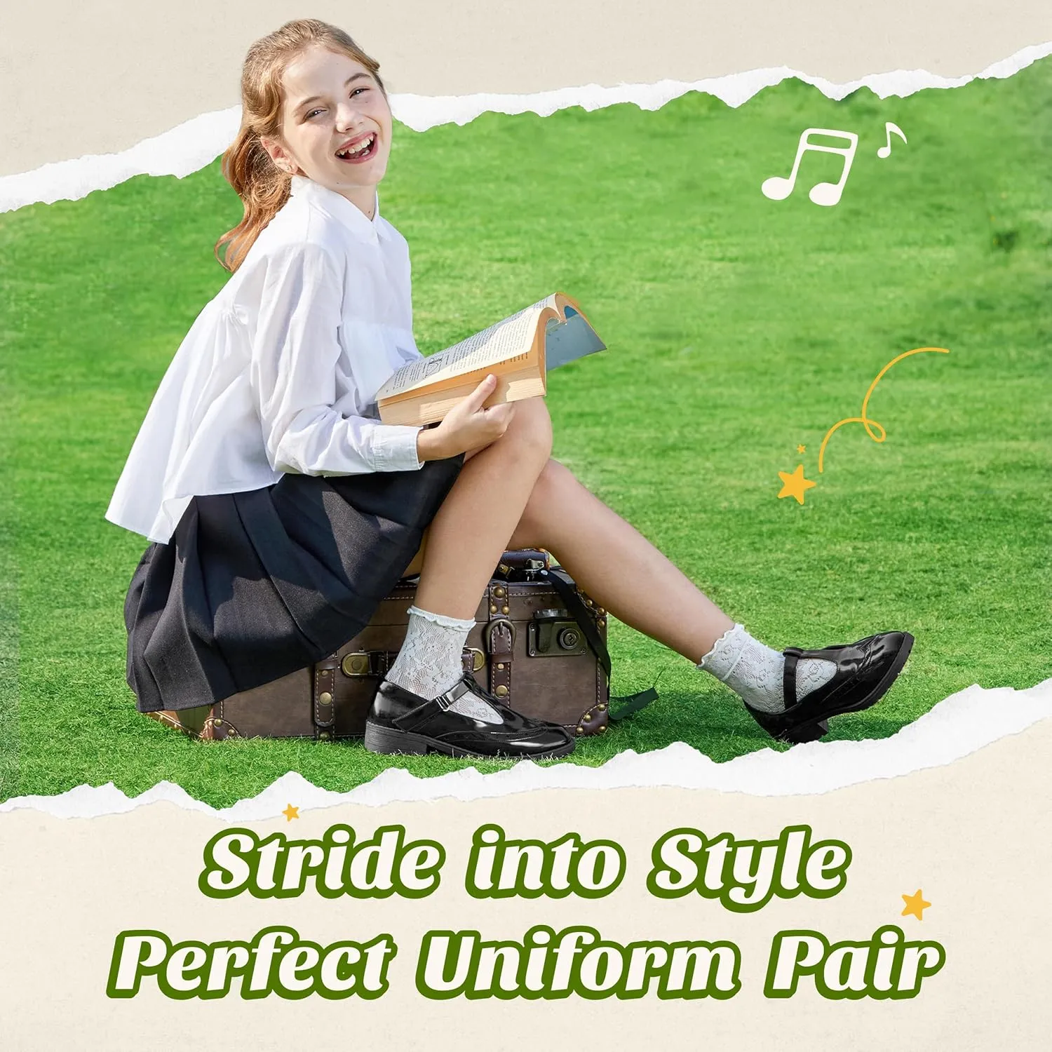 Toddler Girls Dress Shoes Mary Jane Flats Little Big Kid Wedding Party Princess School Uniform Ballet Black White Classic T-Strap Low Heel Hook and Loop Slip-On Soft Sole Closed Toe