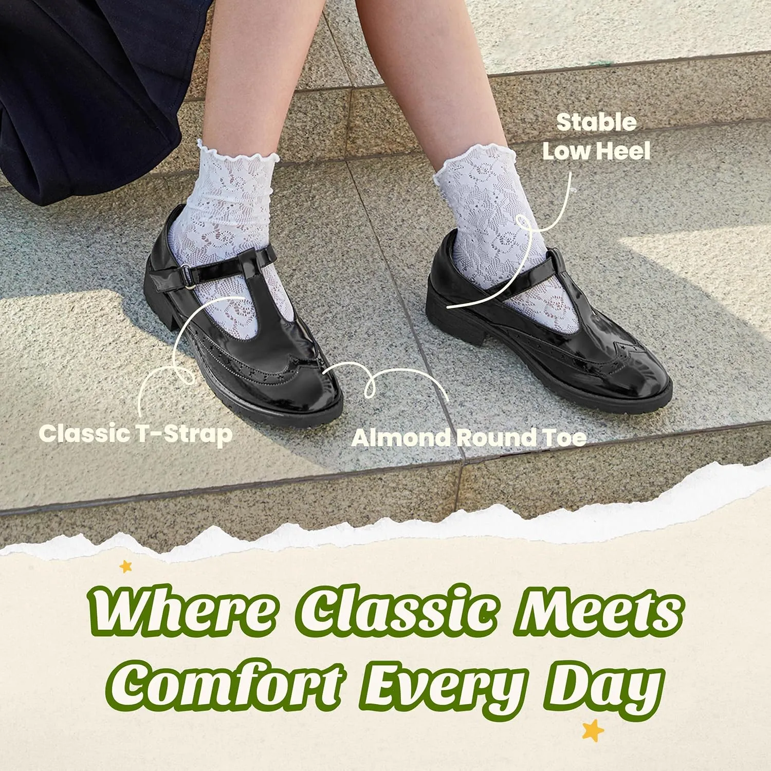 Toddler Girls Dress Shoes Mary Jane Flats Little Big Kid Wedding Party Princess School Uniform Ballet Black White Classic T-Strap Low Heel Hook and Loop Slip-On Soft Sole Closed Toe
