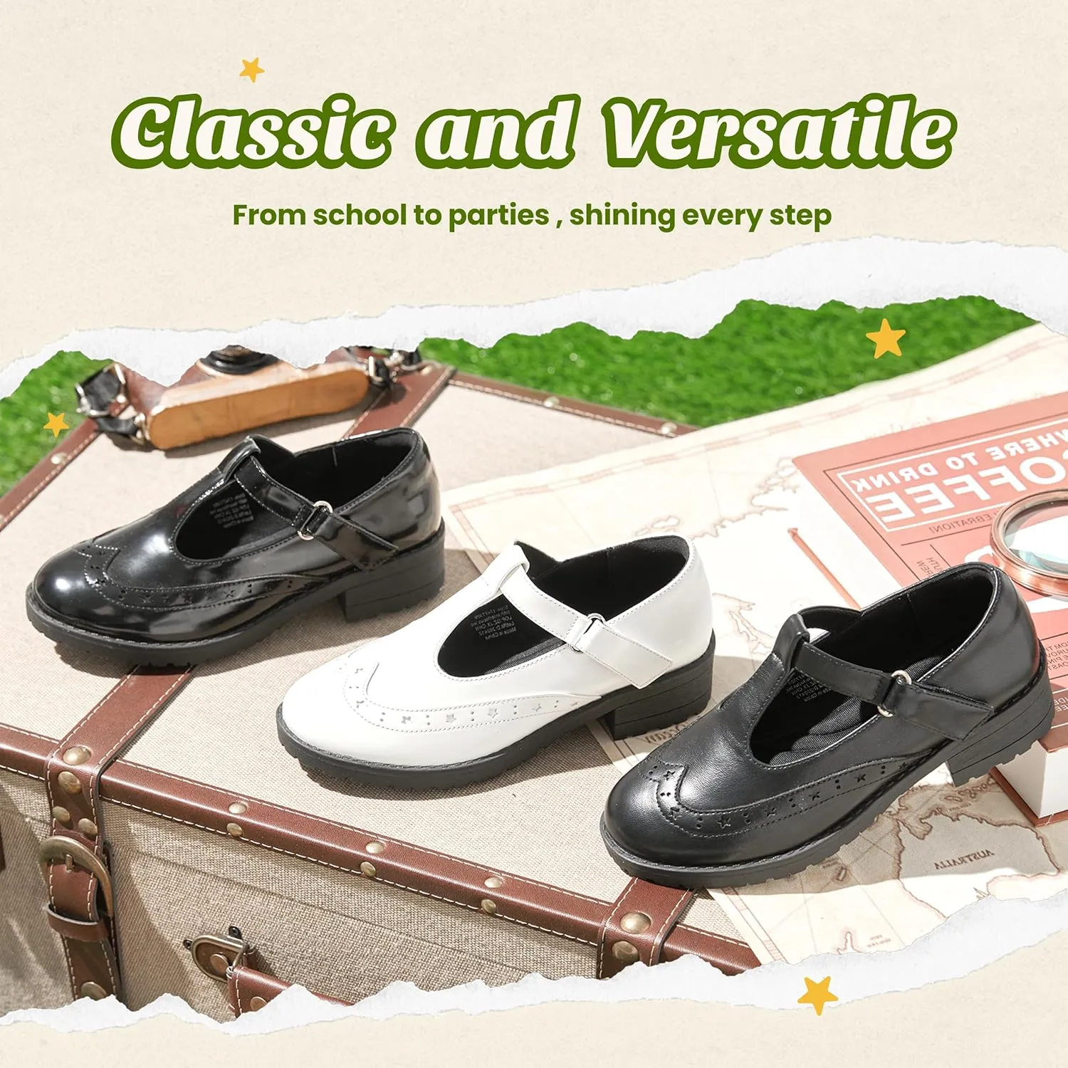 Toddler Girls Dress Shoes Mary Jane Flats Little Big Kid Wedding Party Princess School Uniform Ballet Black White Classic T-Strap Low Heel Hook and Loop Slip-On Soft Sole Closed Toe