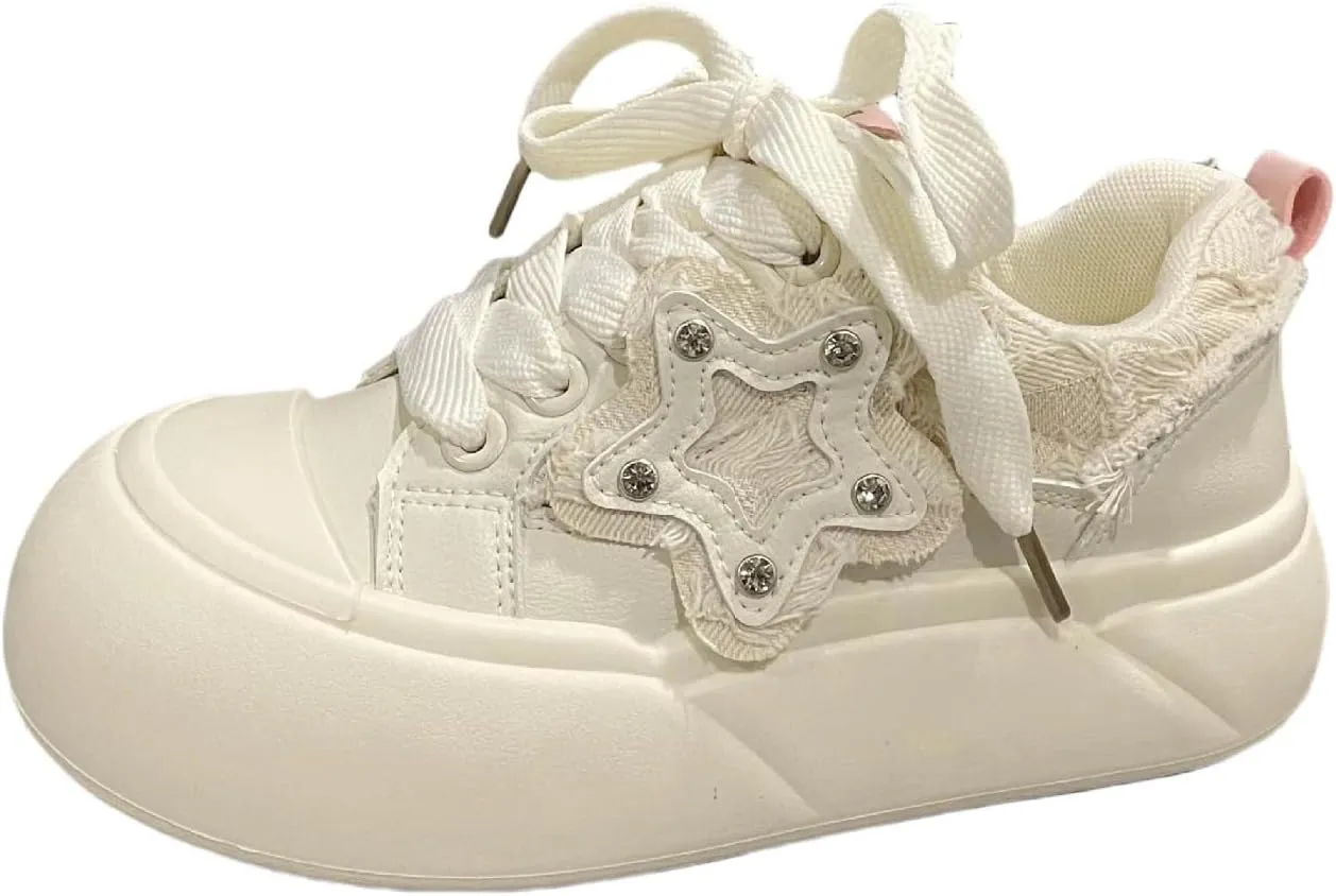[Vegan Leather] Y2K Sneakers Cute Star-Embellished Platform Vegan Leather 2-Inch Height Boost & Cushioned Comfort   Trendy Streetwear Shoes for Everyday Wear