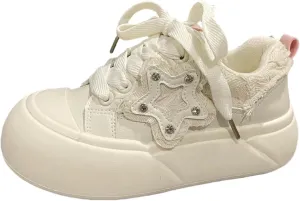 [Vegan Leather] Y2K Sneakers Cute Star-Embellished Platform Vegan Leather 2-Inch Height Boost & Cushioned Comfort   Trendy Streetwear Shoes for Everyday Wear