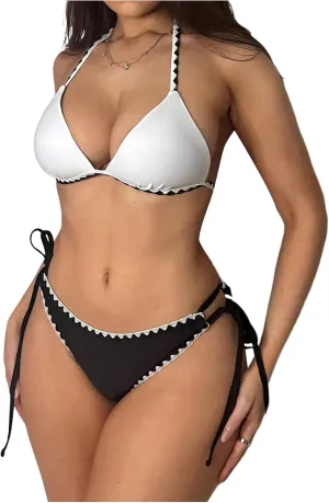 Verdusa Women's 2 Piece Colorblock Halter String Bikini Sets Contrast Trim Tie Back Bathing Suit