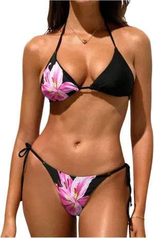 Verdusa Women's 2 Piece Floral Halter String Bikini Sets Colorblock Tie Back High Cut Swimsuit