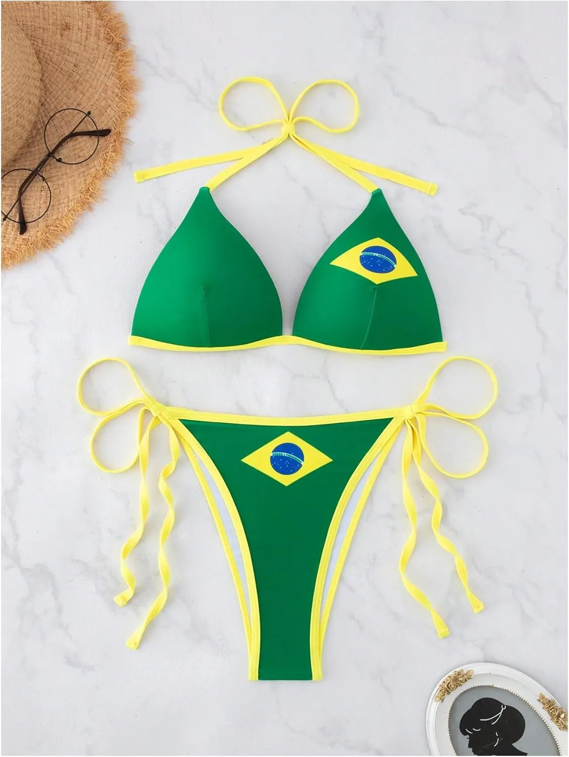Verdusa Women's 2 Piece Halter Bikini Set Contrast Trim Tie Back Vacation String Swimsuit