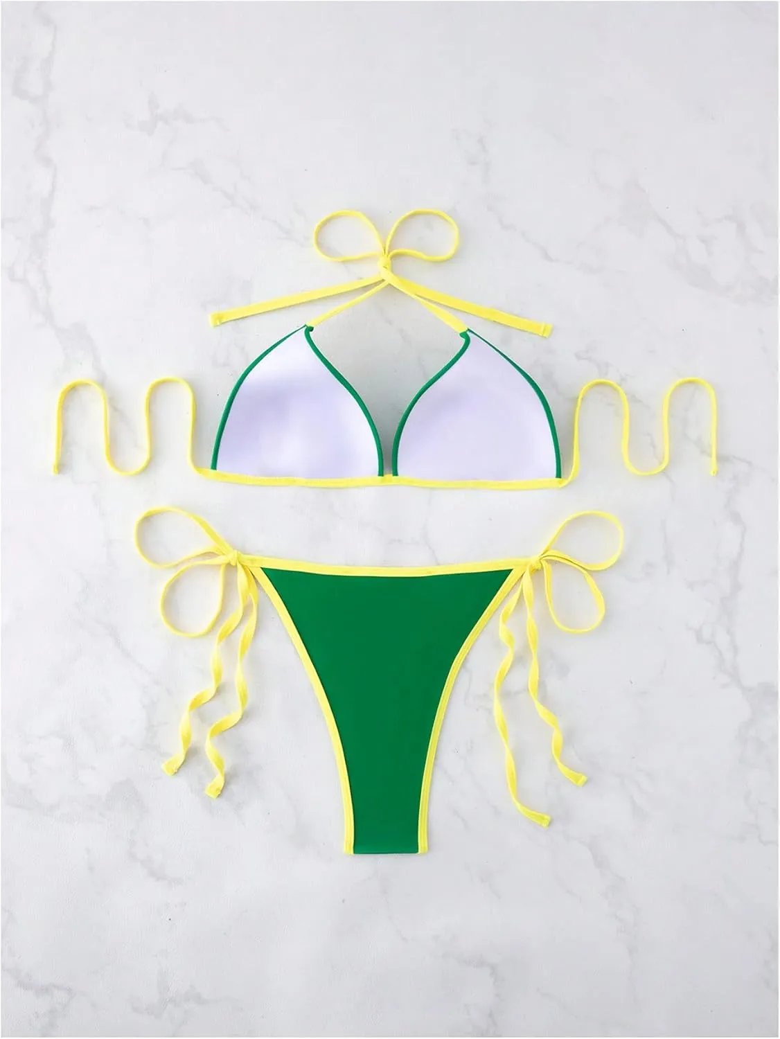 Verdusa Women's 2 Piece Halter Bikini Set Contrast Trim Tie Back Vacation String Swimsuit