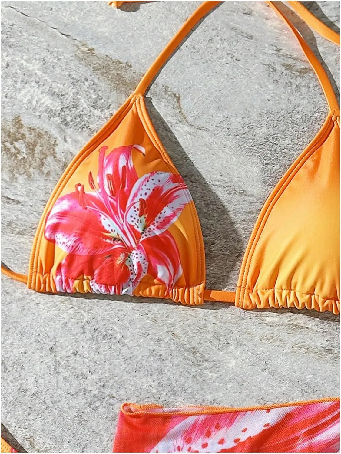 Verdusa Women's 3 Piece Floral Halter Bikini Set Self Tie High Cut Swimsuit with Cover Up Skirt