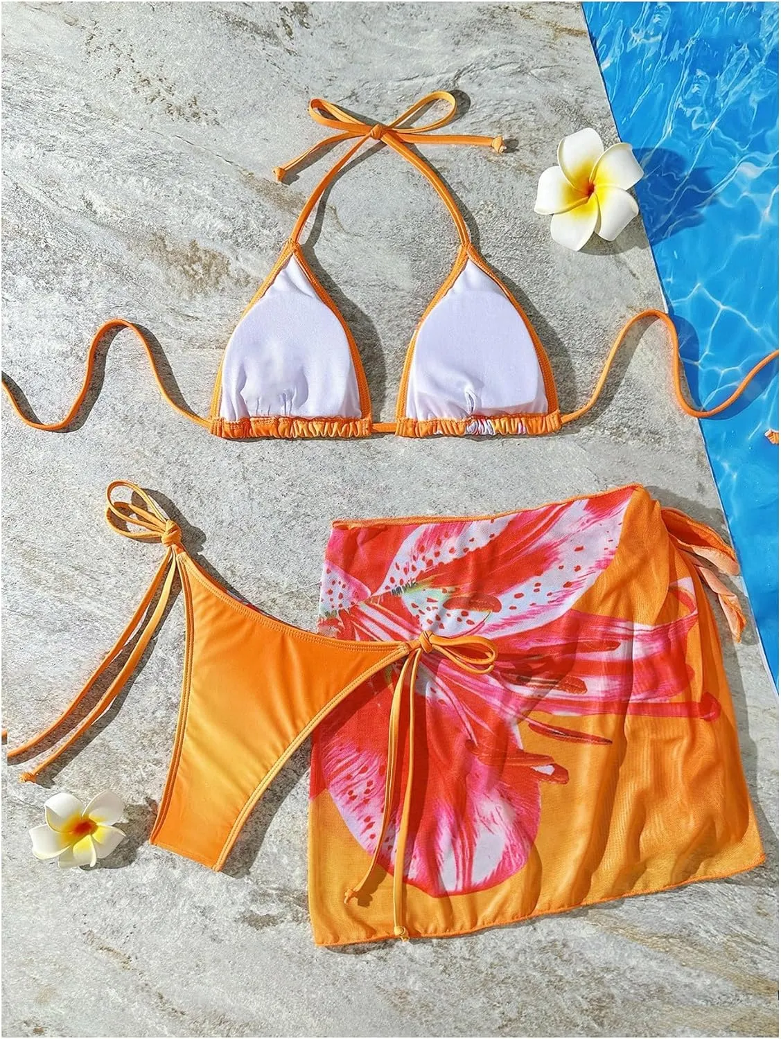 Verdusa Women's 3 Piece Floral Halter Bikini Set Self Tie High Cut Swimsuit with Cover Up Skirt
