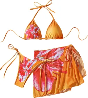Verdusa Women's 3 Piece Floral Halter Bikini Set Self Tie High Cut Swimsuit with Cover Up Skirt