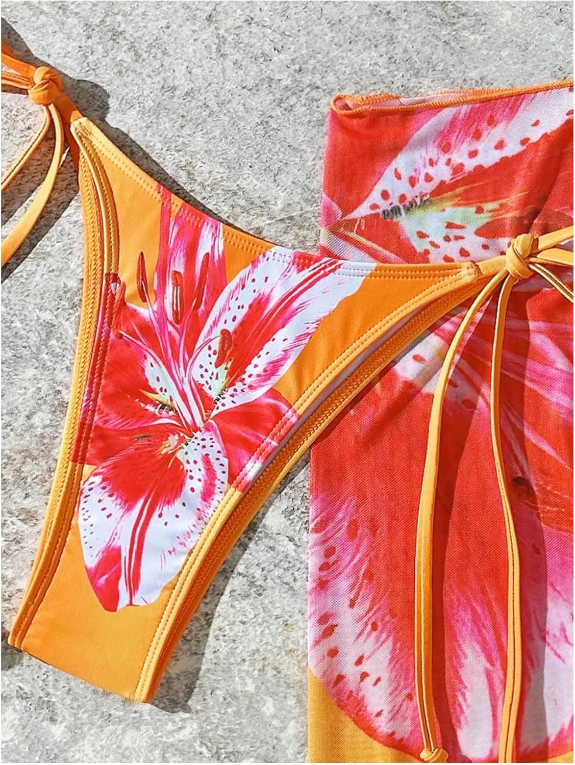 Verdusa Women's 3 Piece Floral Halter Bikini Set Self Tie High Cut Swimsuit with Cover Up Skirt