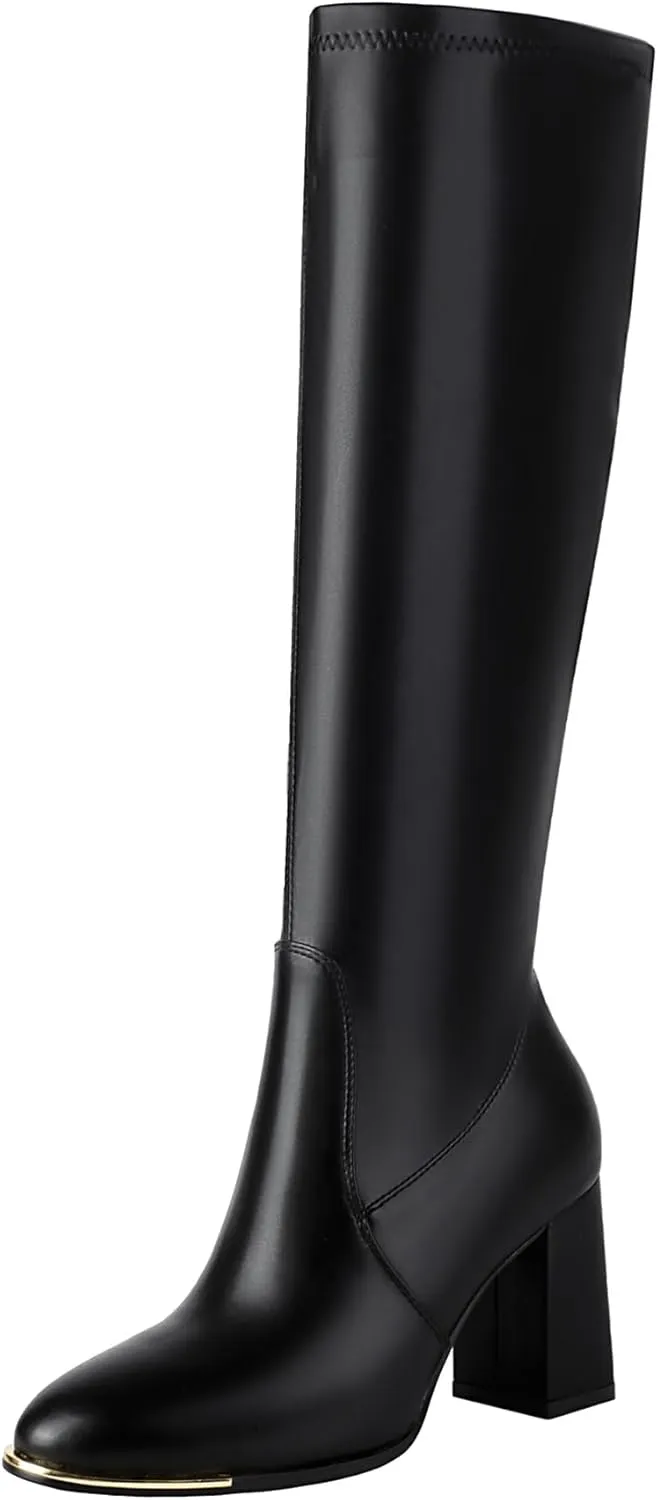 vivianly Women's Knee High Boots Pointed Toe Chunky Heel Long Boots With Side Zipper