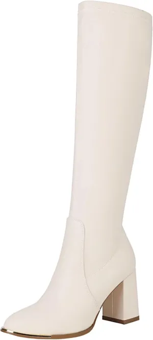vivianly Women's Knee High Boots Pointed Toe Chunky Heel Long Boots With Side Zipper