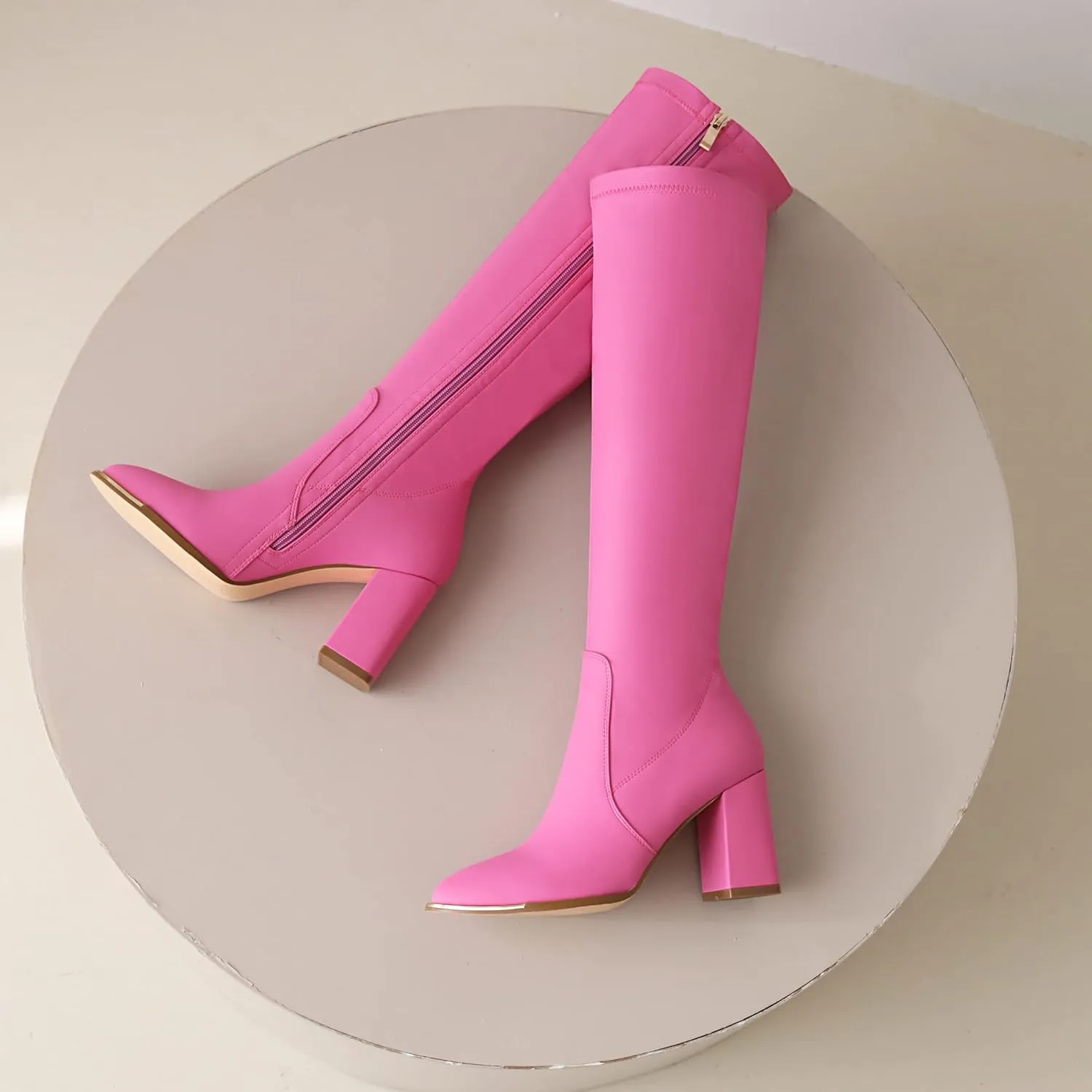 vivianly Women's Knee High Boots Pointed Toe Chunky Heel Long Boots With Side Zipper