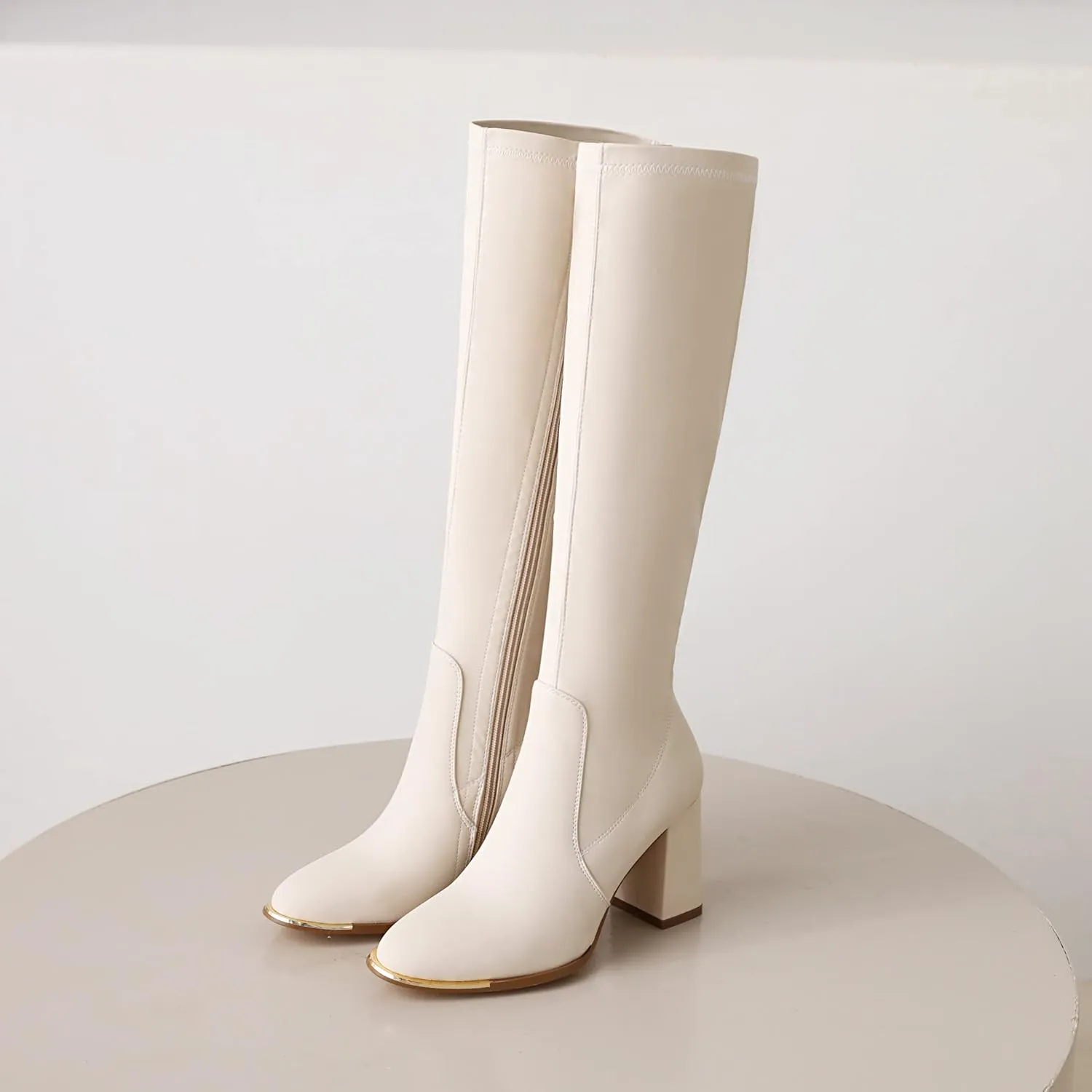 vivianly Women's Knee High Boots Pointed Toe Chunky Heel Long Boots With Side Zipper