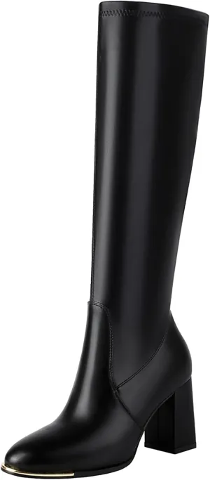 vivianly Women's Knee High Boots Pointed Toe Chunky Heel Long Boots With Side Zipper