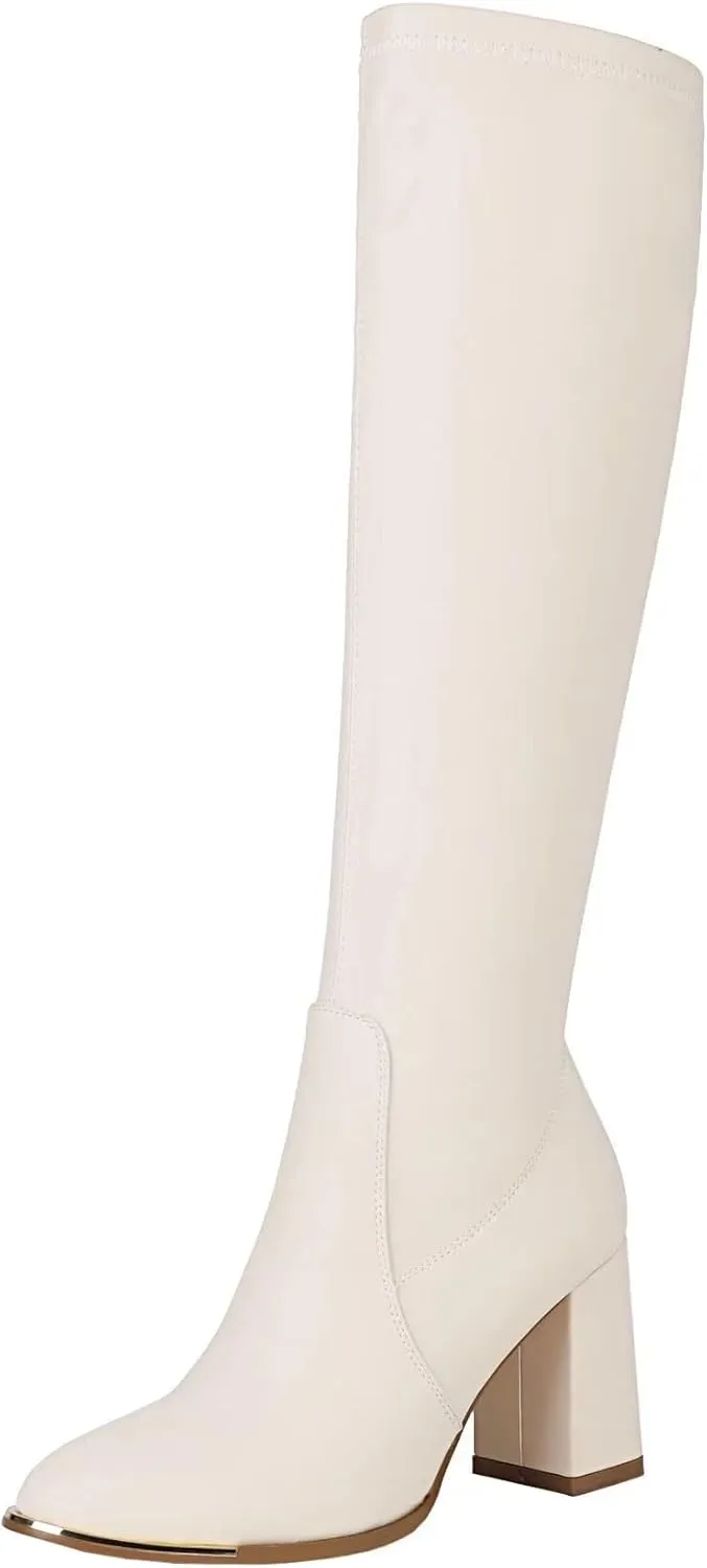 vivianly Women's Knee High Boots Pointed Toe Chunky Heel Long Boots With Side Zipper