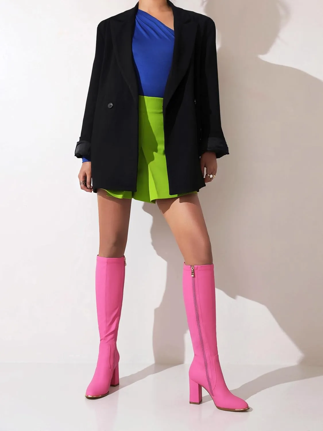 vivianly Women's Knee High Boots Pointed Toe Chunky Heel Long Boots With Side Zipper