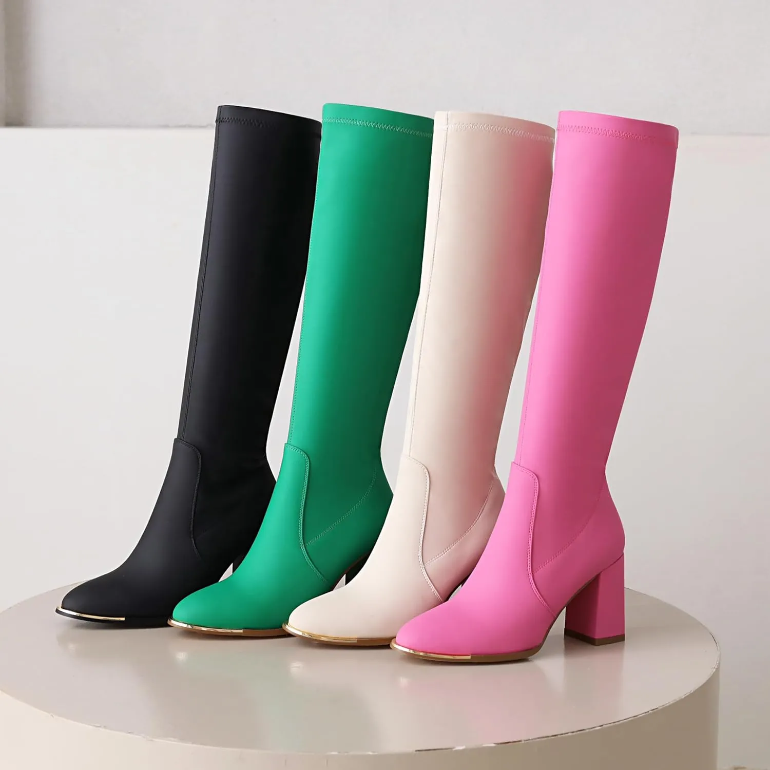vivianly Women's Knee High Boots Pointed Toe Chunky Heel Long Boots With Side Zipper