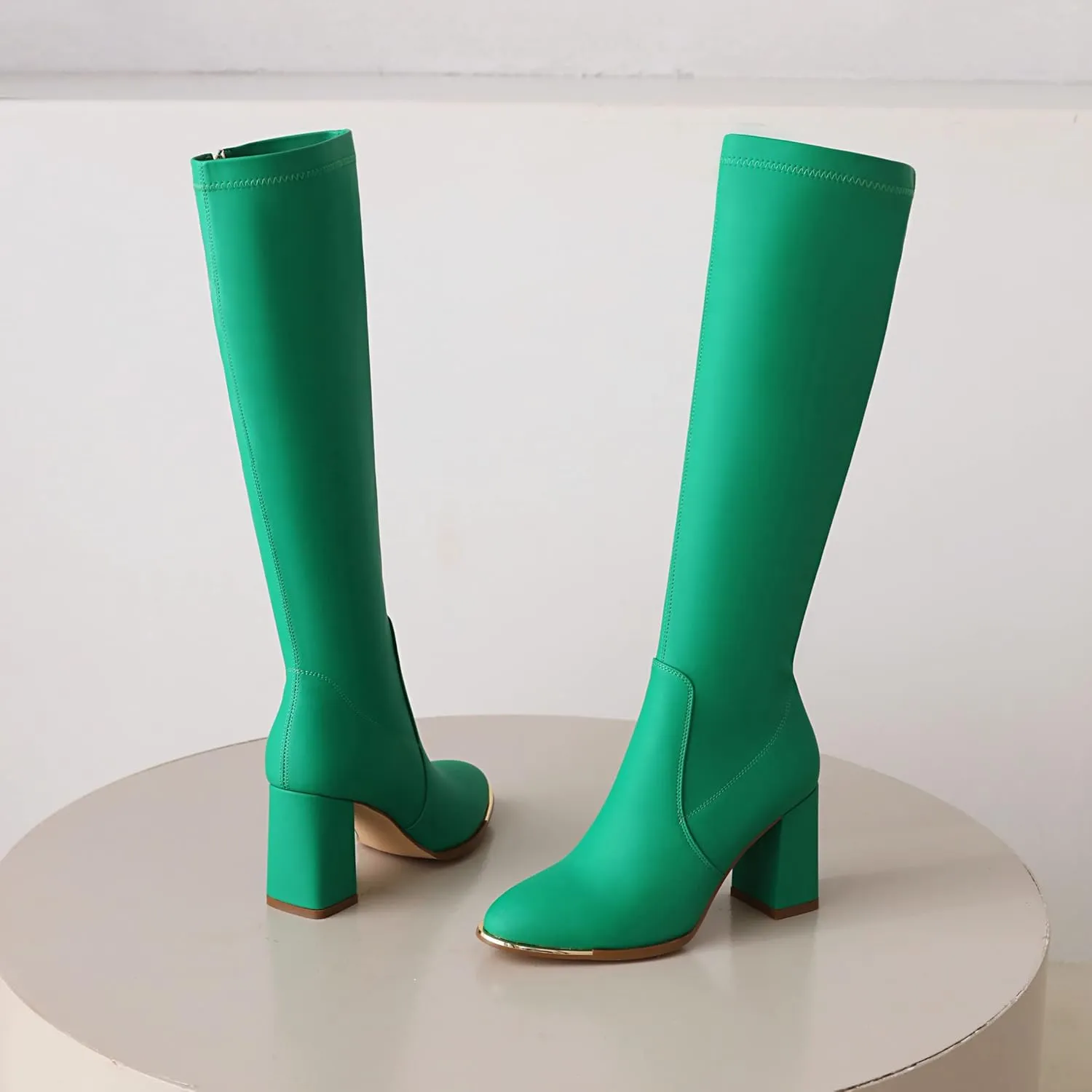 vivianly Women's Knee High Boots Pointed Toe Chunky Heel Long Boots With Side Zipper
