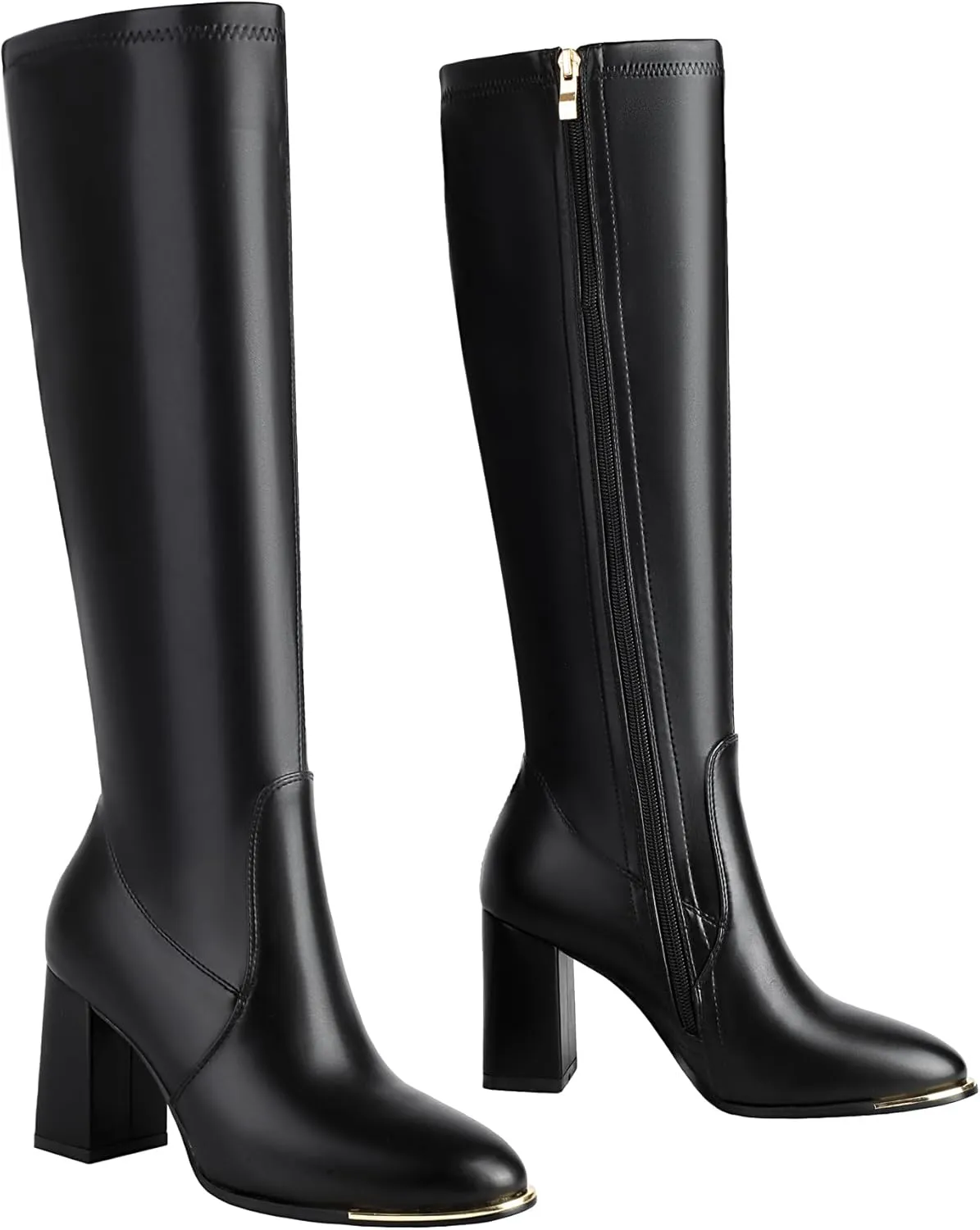 vivianly Women's Knee High Boots Pointed Toe Chunky Heel Long Boots With Side Zipper