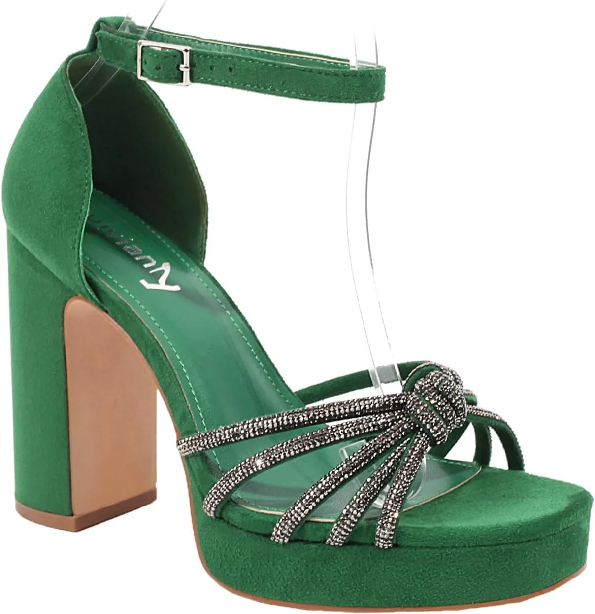 vivianly Women's Rhinestone Platform Chunky Heels Square Toe Suede High Heeled Sandals Ankle Strap Adjustable Buckle Pumps