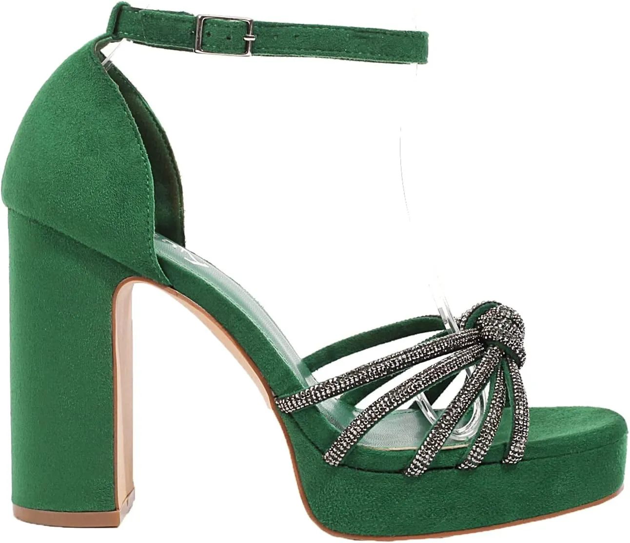 vivianly Women's Rhinestone Platform Chunky Heels Square Toe Suede High Heeled Sandals Ankle Strap Adjustable Buckle Pumps