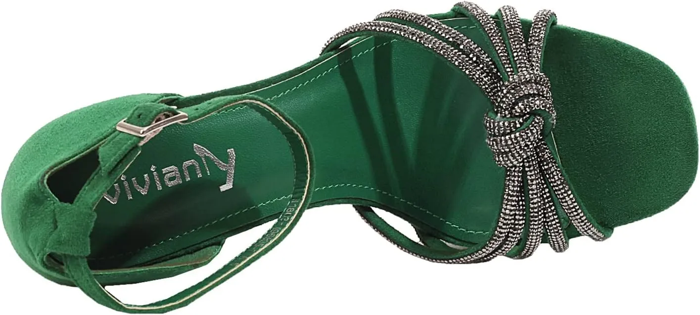 vivianly Women's Rhinestone Platform Chunky Heels Square Toe Suede High Heeled Sandals Ankle Strap Adjustable Buckle Pumps