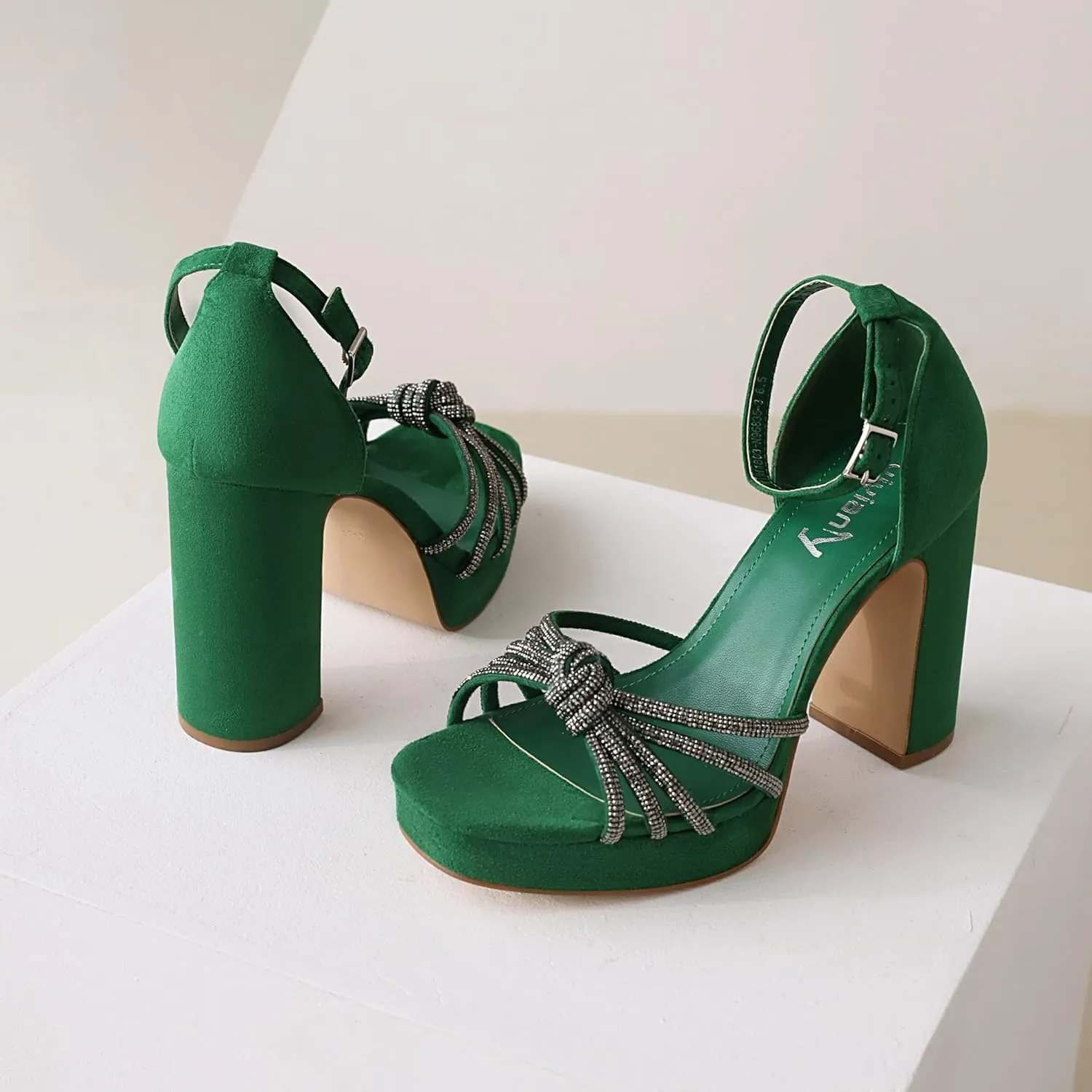 vivianly Women's Rhinestone Platform Chunky Heels Square Toe Suede High Heeled Sandals Ankle Strap Adjustable Buckle Pumps