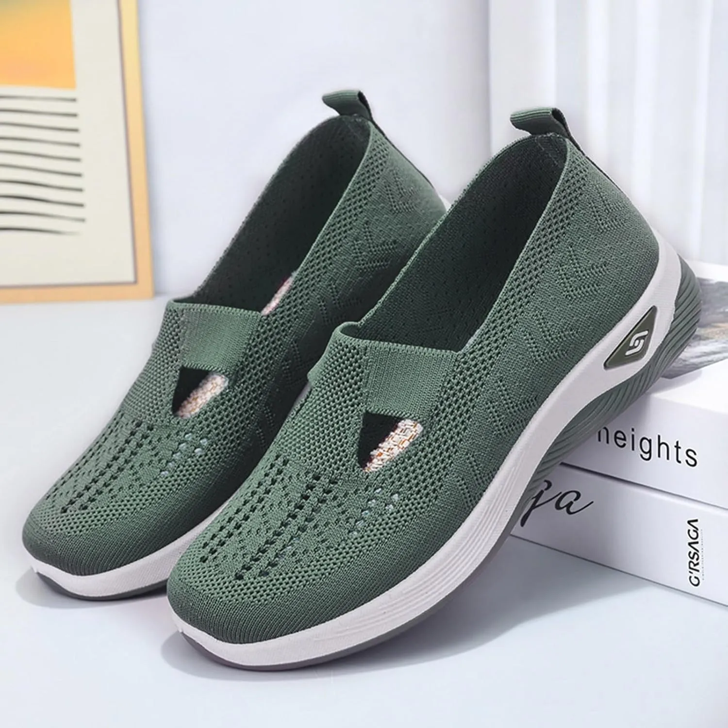 Walking Shoes Women Slip On Air Cushion Comfort Athletic Shoes Elastic Knit Lightweight Mesh Breathable Yoga Sneakers