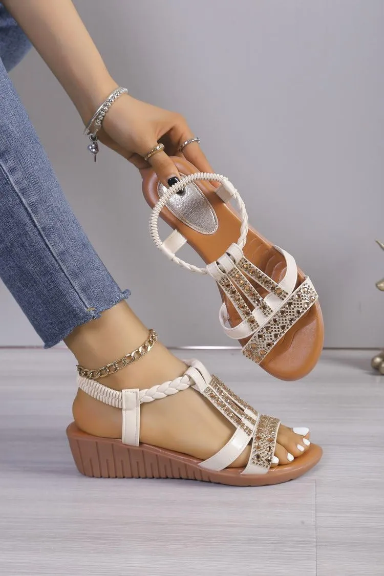Wedge Sandals for Women,Comfortable Open Toe Sandal T-Strap Rhinestone Beaded Bohemia Beach Shoes Slip On Dressy Flat Sandals with Arch Support