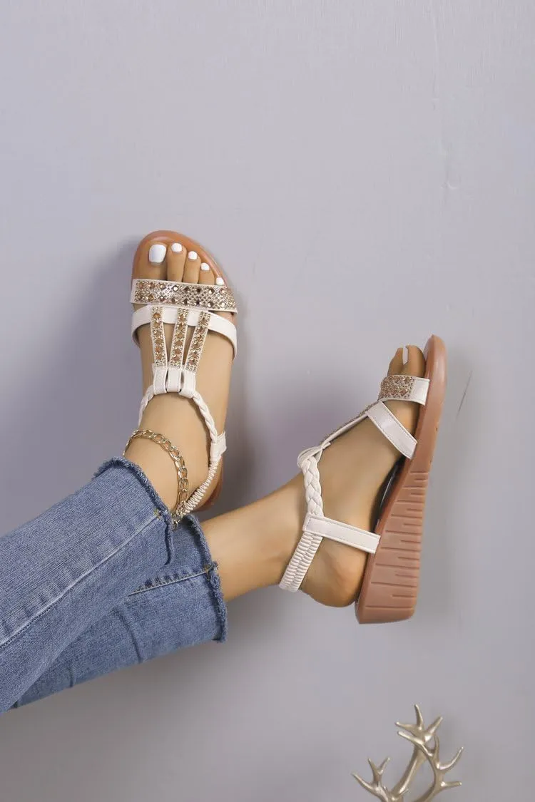 Wedge Sandals for Women,Comfortable Open Toe Sandal T-Strap Rhinestone Beaded Bohemia Beach Shoes Slip On Dressy Flat Sandals with Arch Support