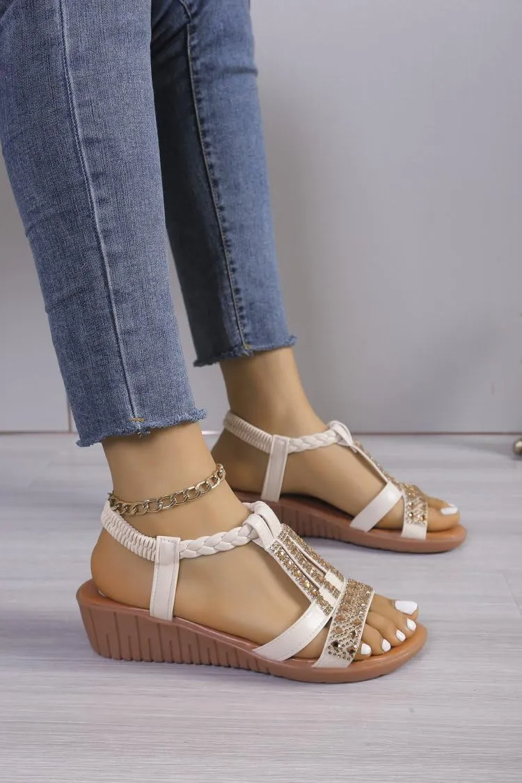 Wedge Sandals for Women,Comfortable Open Toe Sandal T-Strap Rhinestone Beaded Bohemia Beach Shoes Slip On Dressy Flat Sandals with Arch Support