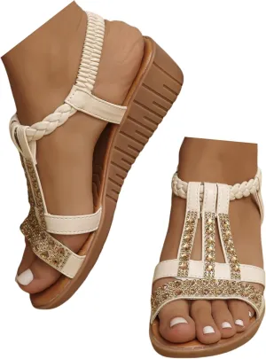 Wedge Sandals for Women,Comfortable Open Toe Sandal T-Strap Rhinestone Beaded Bohemia Beach Shoes Slip On Dressy Flat Sandals with Arch Support