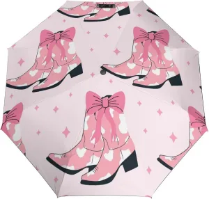 Windproof Travel Umbrellas for Rain,Pink Boots Bows Star Durable & Compact Umbrella-Waterproof Canopy for Backpack, Purse, Portable, Umbrella for Travel