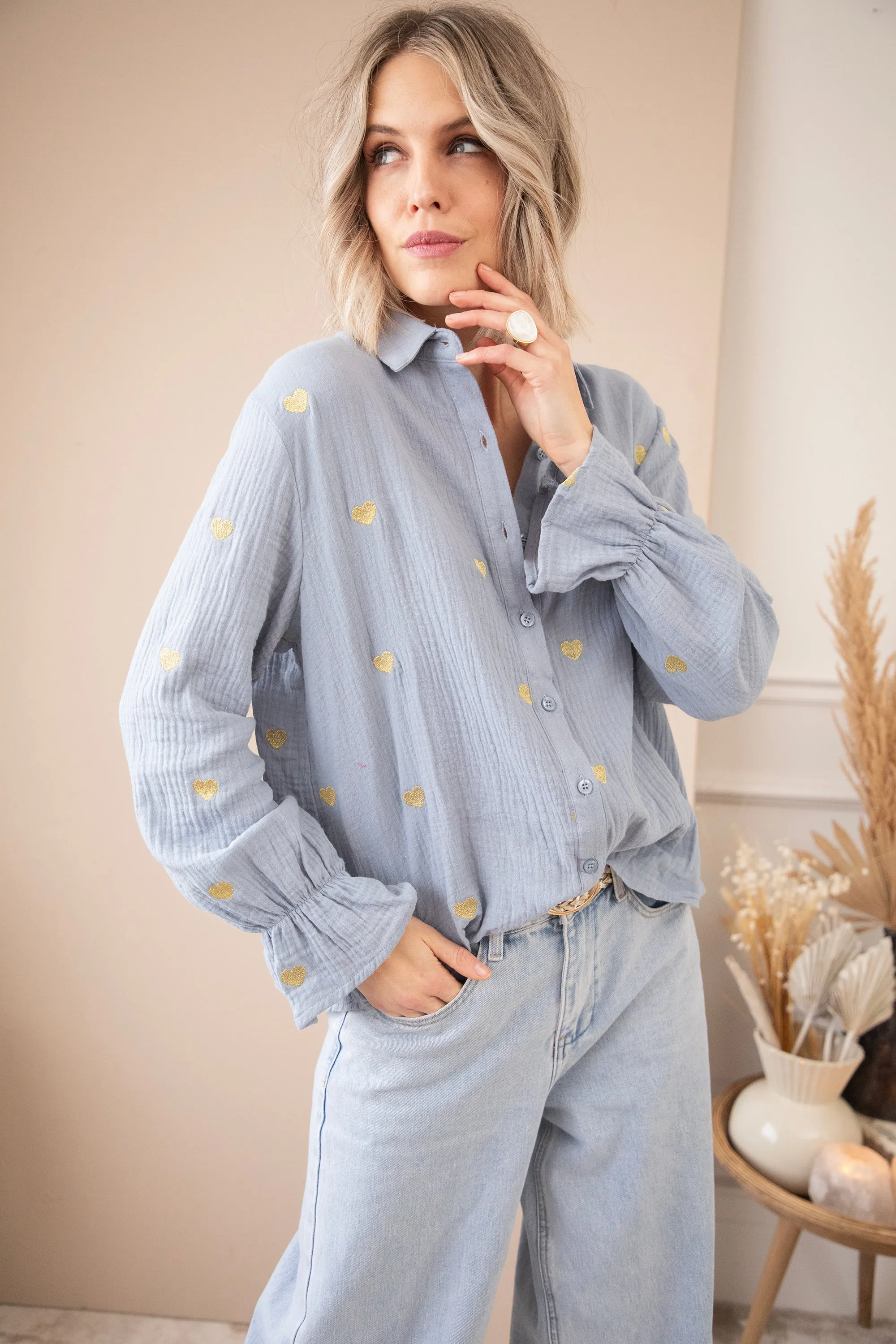 With All My Heart Dusty Blue/Gold - Blouse