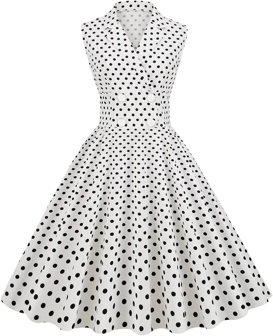 Women 50s 60s Vintage Sleeveless Cocktail Swing Dress 1950s Polka Dot Floral Audrey Rockabilly Prom Party Dress with Belt