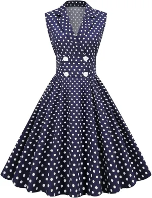 Women 50s 60s Vintage Sleeveless Cocktail Swing Dress 1950s Polka Dot Floral Audrey Rockabilly Prom Party Dress with Belt