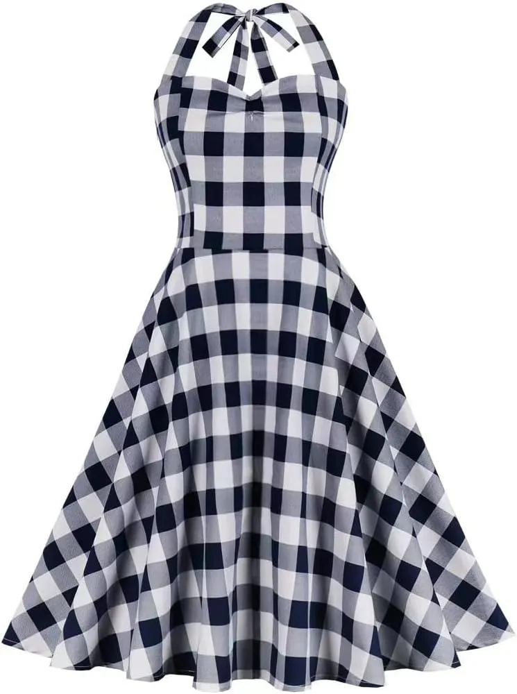 Women 50s 60s Vintage Sleeveless Cocktail Swing Dress 1950s Polka Dot Floral Audrey Rockabilly Prom Party Dress with Belt