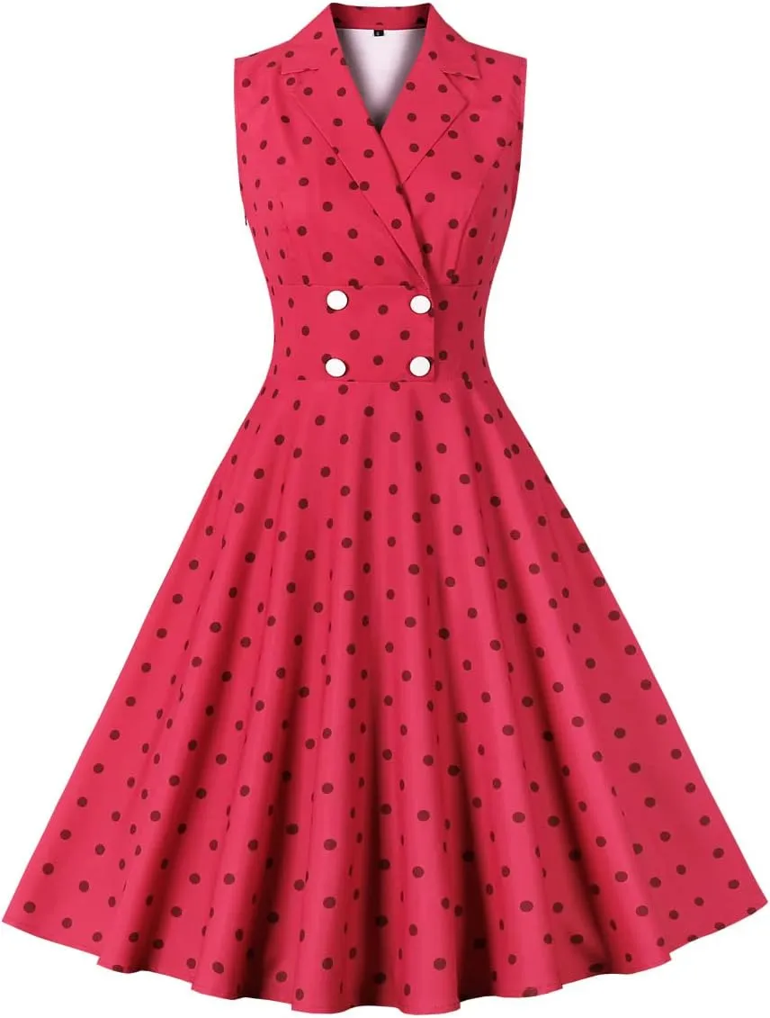 Women 50s 60s Vintage Sleeveless Cocktail Swing Dress 1950s Polka Dot Floral Audrey Rockabilly Prom Party Dress with Belt