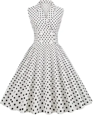 Women 50s 60s Vintage Sleeveless Cocktail Swing Dress 1950s Polka Dot Floral Audrey Rockabilly Prom Party Dress with Belt