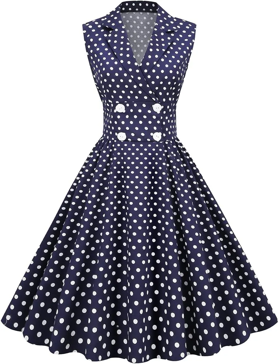 Women 50s 60s Vintage Sleeveless Cocktail Swing Dress 1950s Polka Dot Floral Audrey Rockabilly Prom Party Dress with Belt