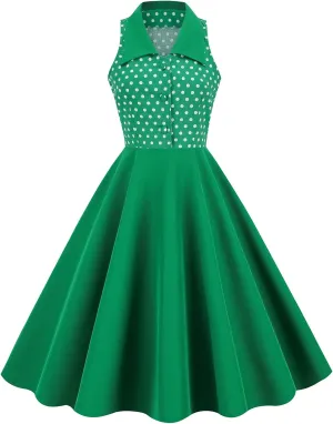 Women 50s 60s Vintage Sleeveless Cocktail Swing Dress 1950s Polka Dot Floral Audrey Rockabilly Prom Party Dress with Belt
