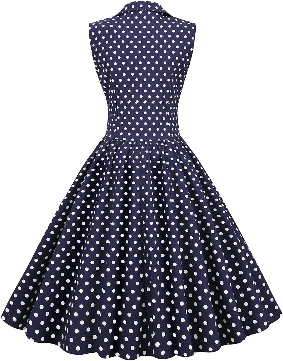 Women 50s 60s Vintage Sleeveless Cocktail Swing Dress 1950s Polka Dot Floral Audrey Rockabilly Prom Party Dress with Belt