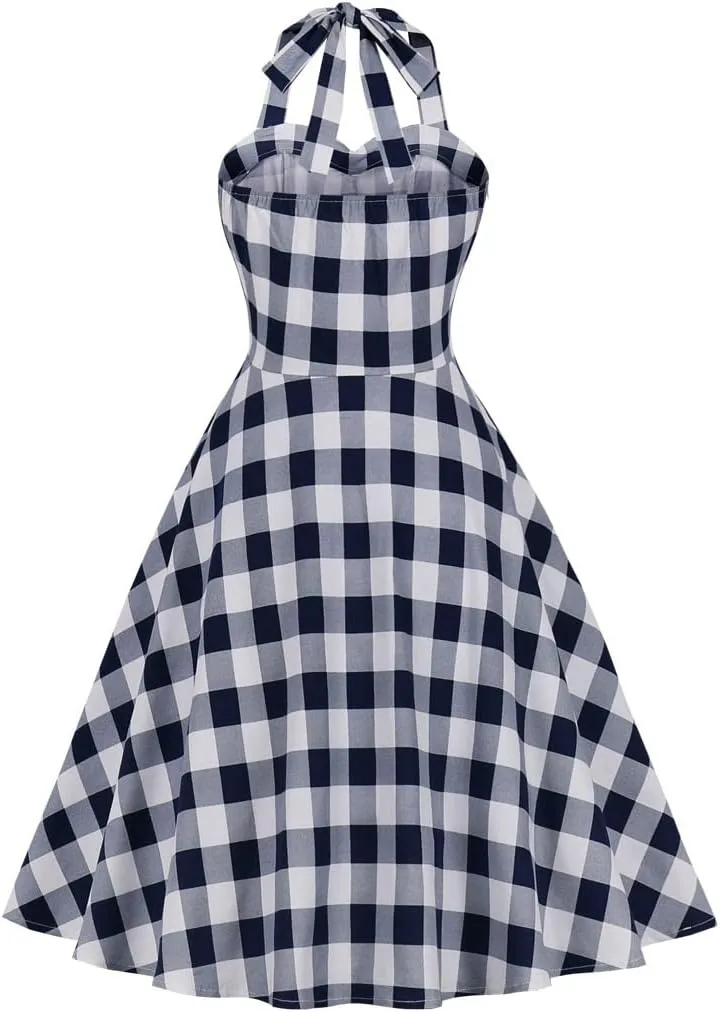 Women 50s 60s Vintage Sleeveless Cocktail Swing Dress 1950s Polka Dot Floral Audrey Rockabilly Prom Party Dress with Belt
