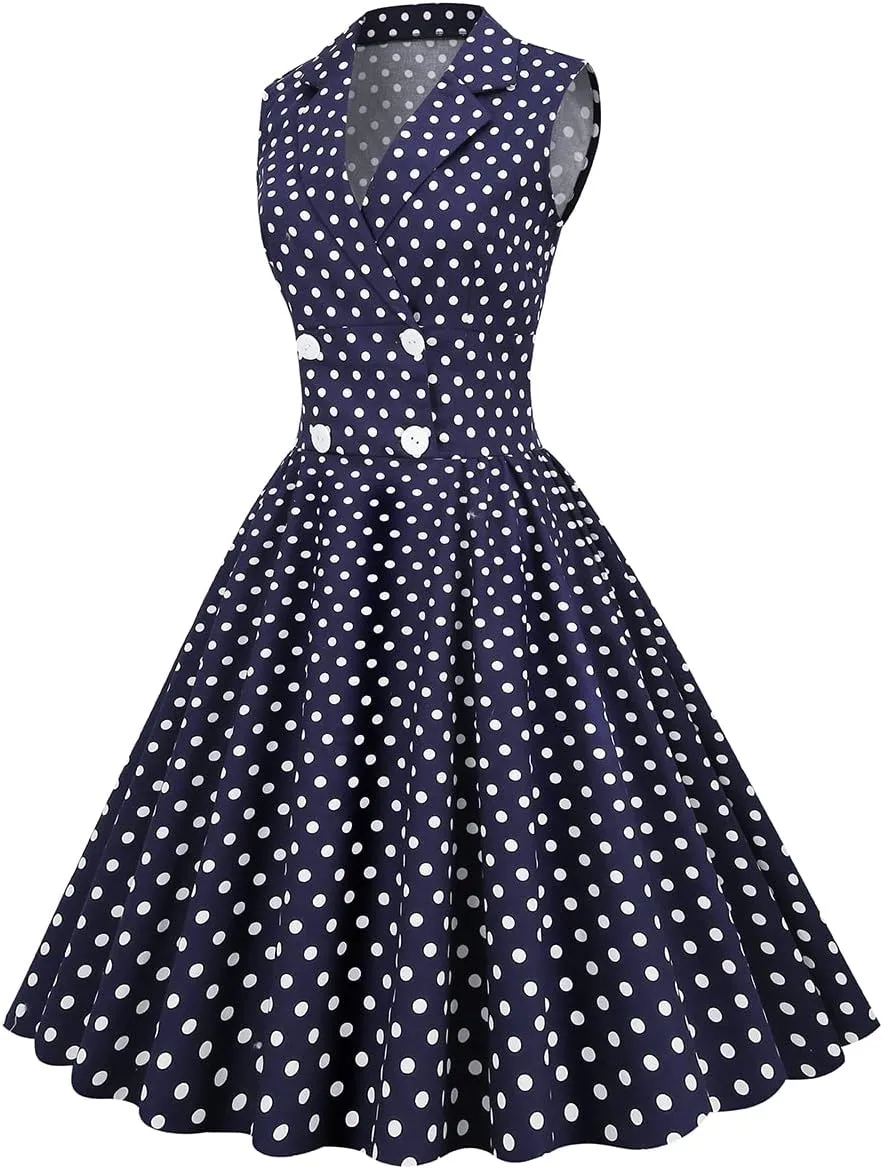 Women 50s 60s Vintage Sleeveless Cocktail Swing Dress 1950s Polka Dot Floral Audrey Rockabilly Prom Party Dress with Belt