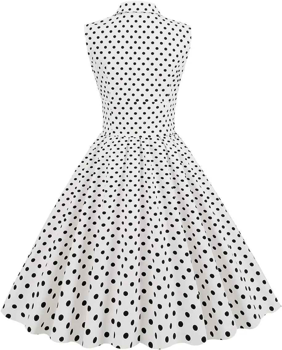 Women 50s 60s Vintage Sleeveless Cocktail Swing Dress 1950s Polka Dot Floral Audrey Rockabilly Prom Party Dress with Belt