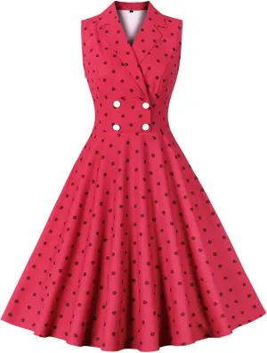 Women 50s 60s Vintage Sleeveless Cocktail Swing Dress 1950s Polka Dot Floral Audrey Rockabilly Prom Party Dress with Belt