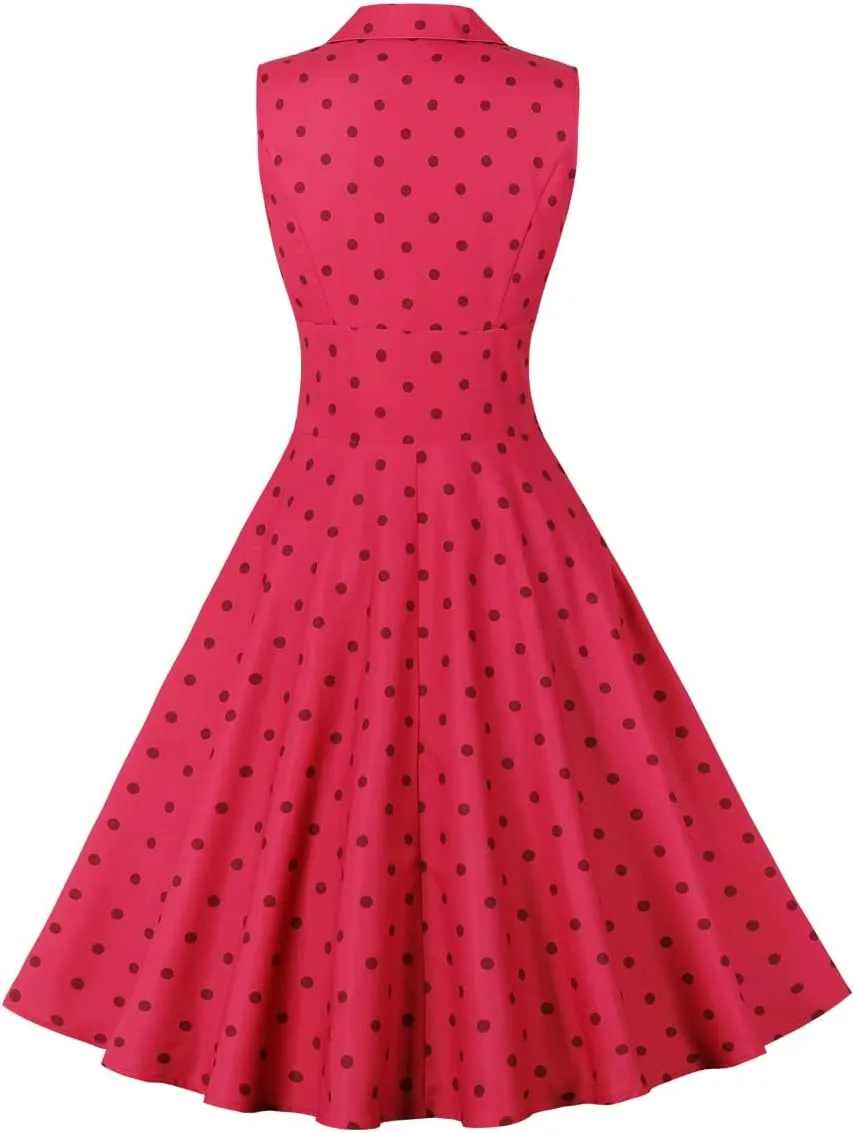 Women 50s 60s Vintage Sleeveless Cocktail Swing Dress 1950s Polka Dot Floral Audrey Rockabilly Prom Party Dress with Belt