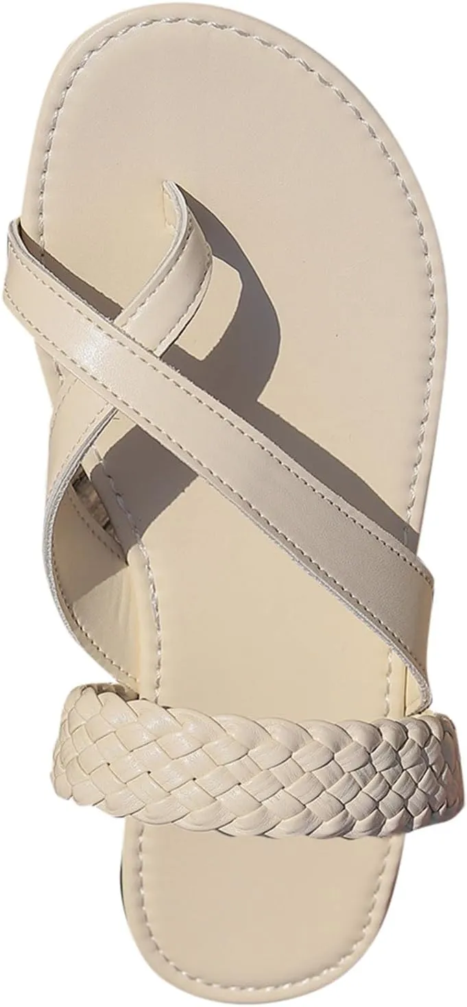 Women Flat Sandals Braided Leather Crossover Nude Dressy Fashion Evening Party Wedding Comfortable Walking Sandals